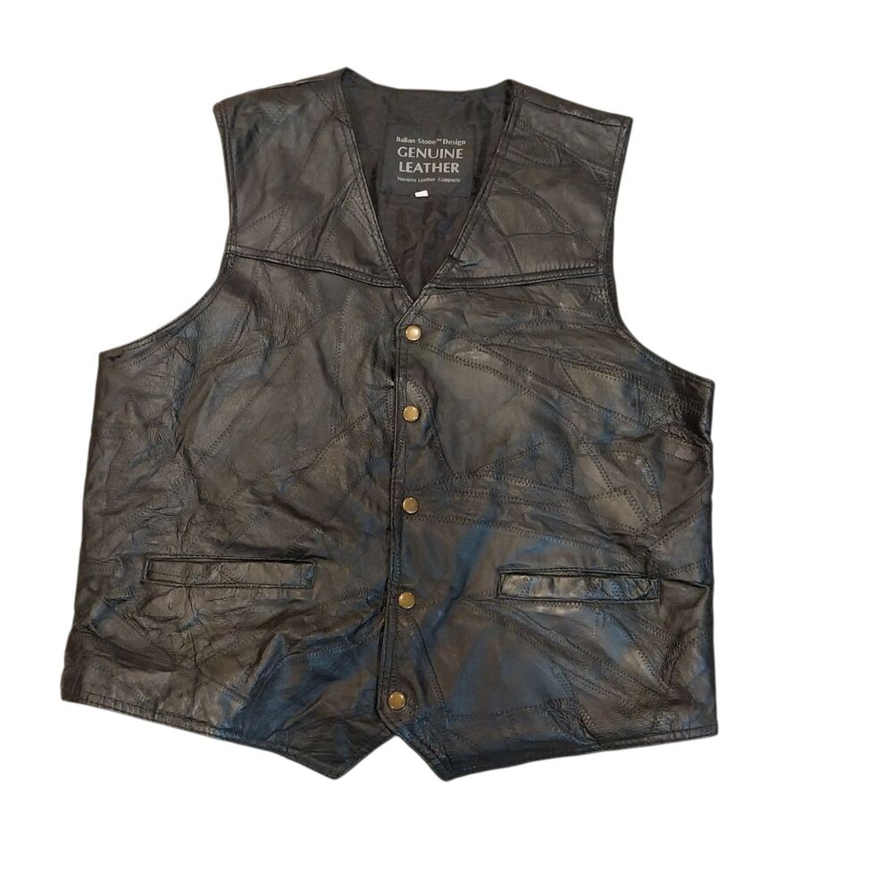 Navarre Leather Company Black Motorcycle Vest Italian Stone Design Biker Large